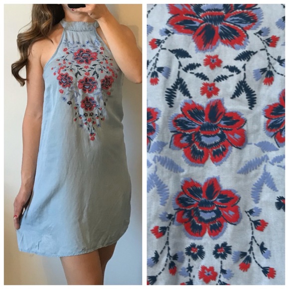 living doll Dresses & Skirts - LIVING DOLL Chambray Floral Halter Dress Medium